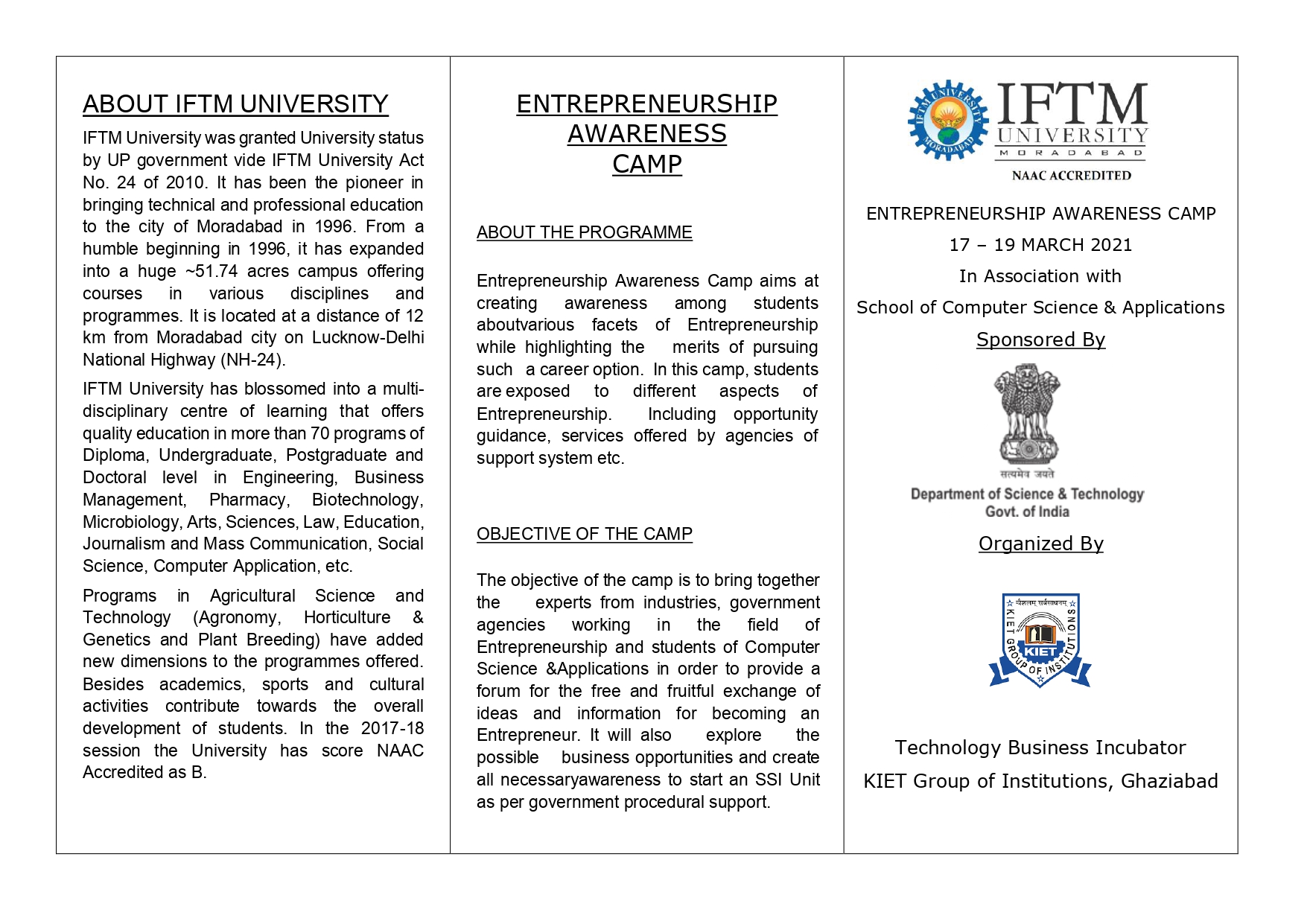 Entrepreneurship Awareness Camp between 17-19, 2021 at IFTM UNIVERSITY