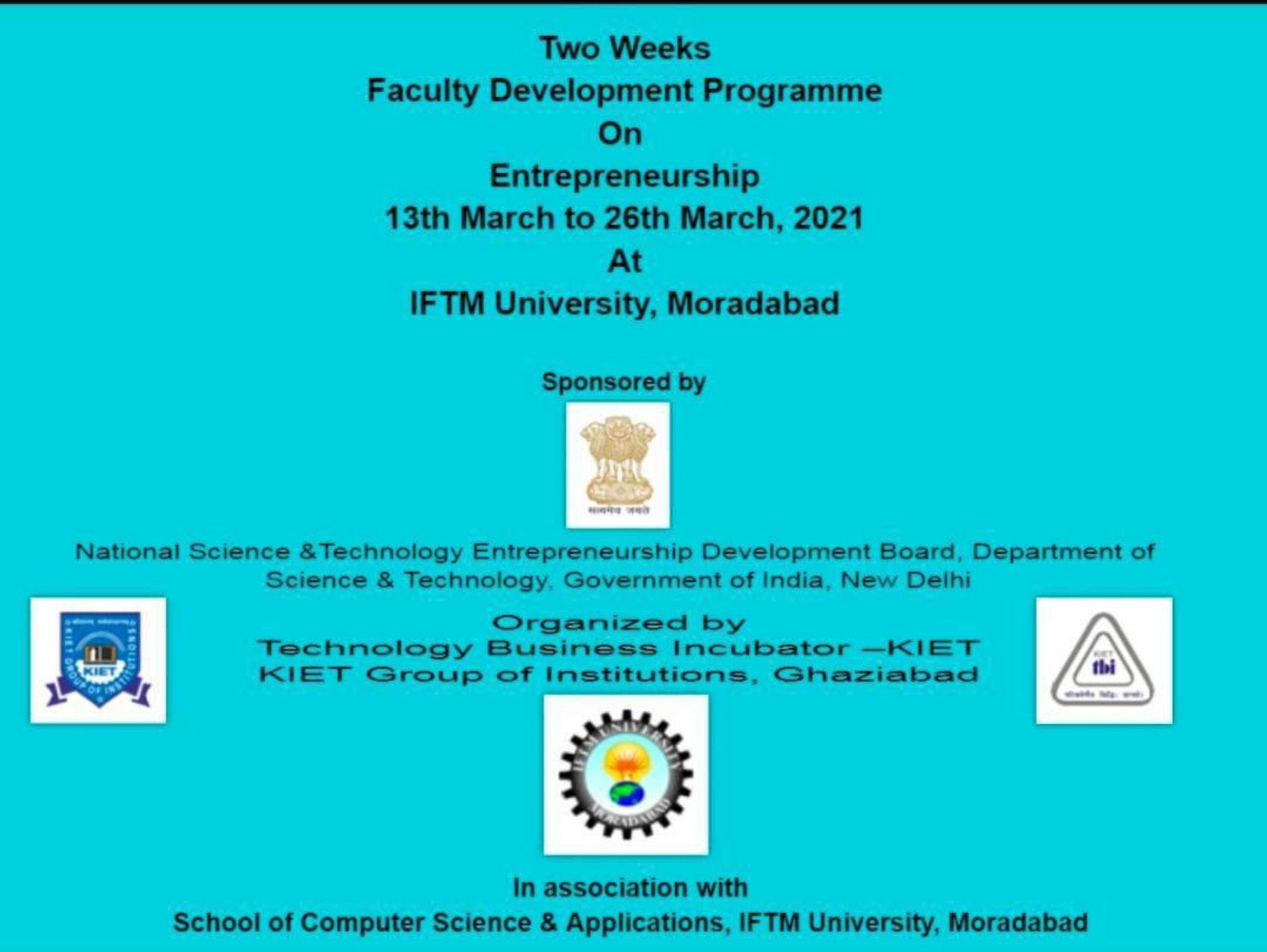 Two Weeks Faculty Development Programme on Entrepreneurship ( March 13 -26, 2021) at IFTM UNIVERSITY