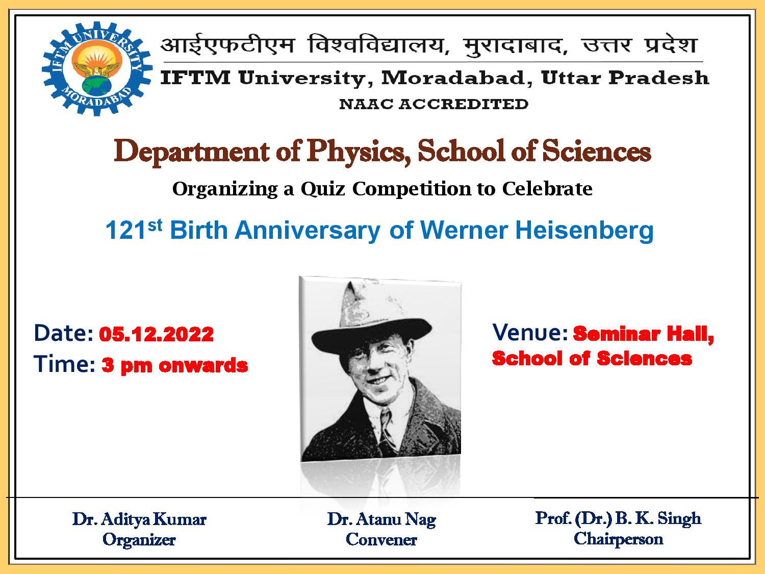 Quiz Competition on 121 Birth Anniversary of Werner Heisenberg
