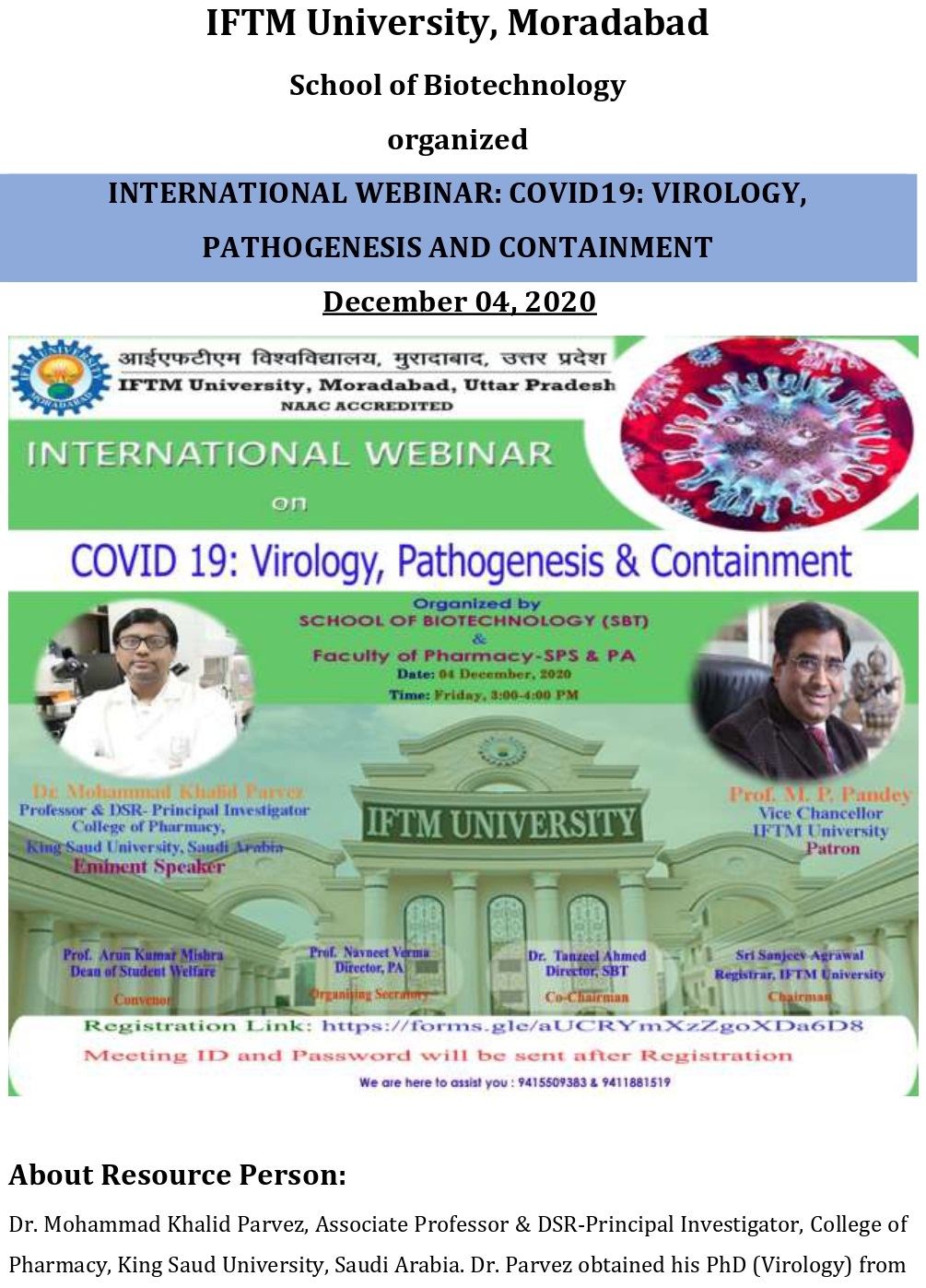 International Webinar: Covid19: Virology, Pathogenesis And Containment