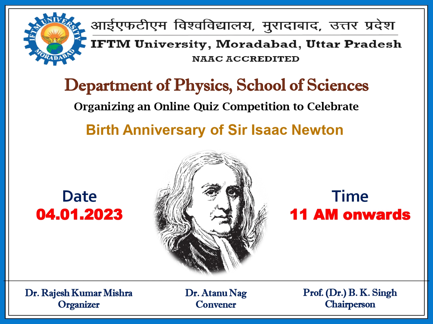 Online Quiz Competition to Celebrate Birth Anniversary of Sir Isaac Newton
