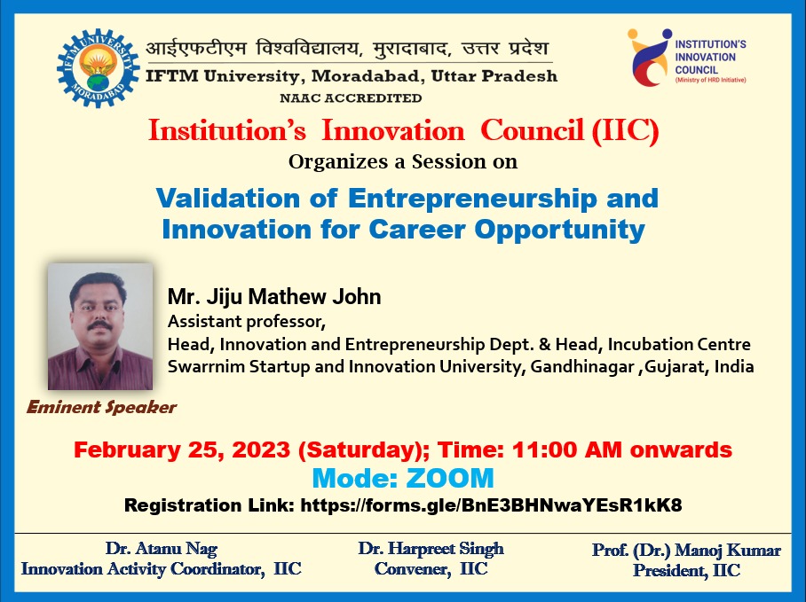 Session on Validation of Entrepreneurship and  Innovation for Career Opportunity