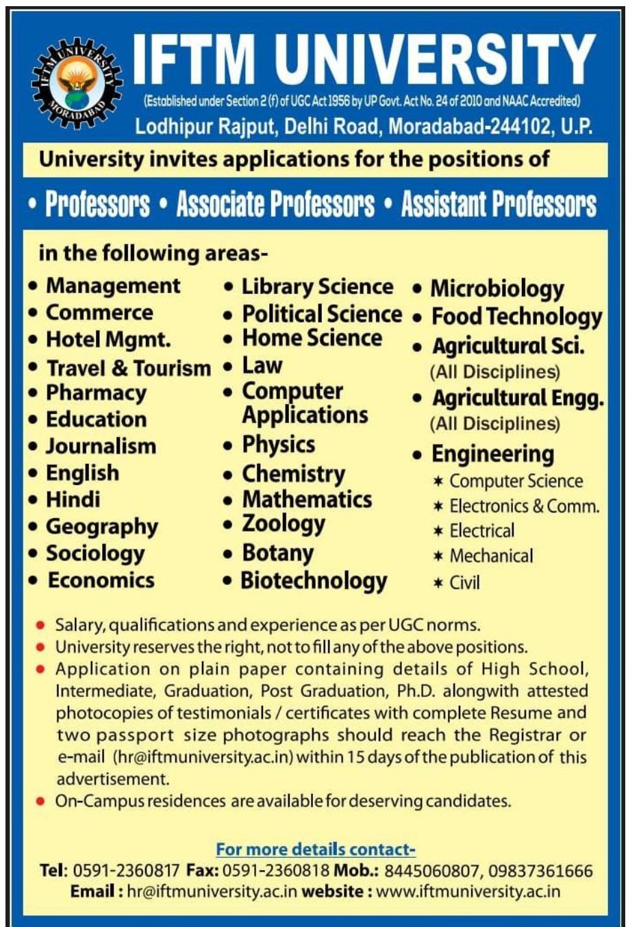 Notification for recruitment of various academic positions.