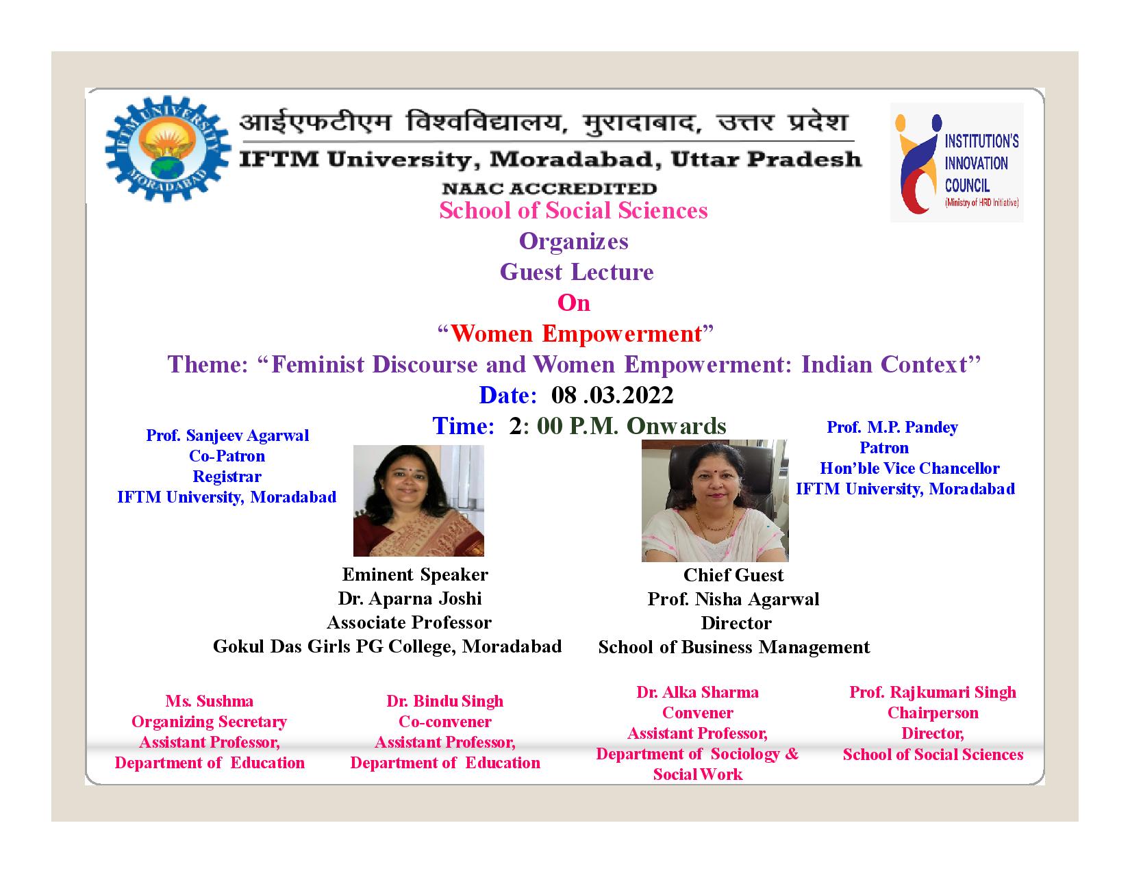 Guest Lecture On Women Empowerment, Theme: Feminist Discourse and Women Empowerment: Indian Context.