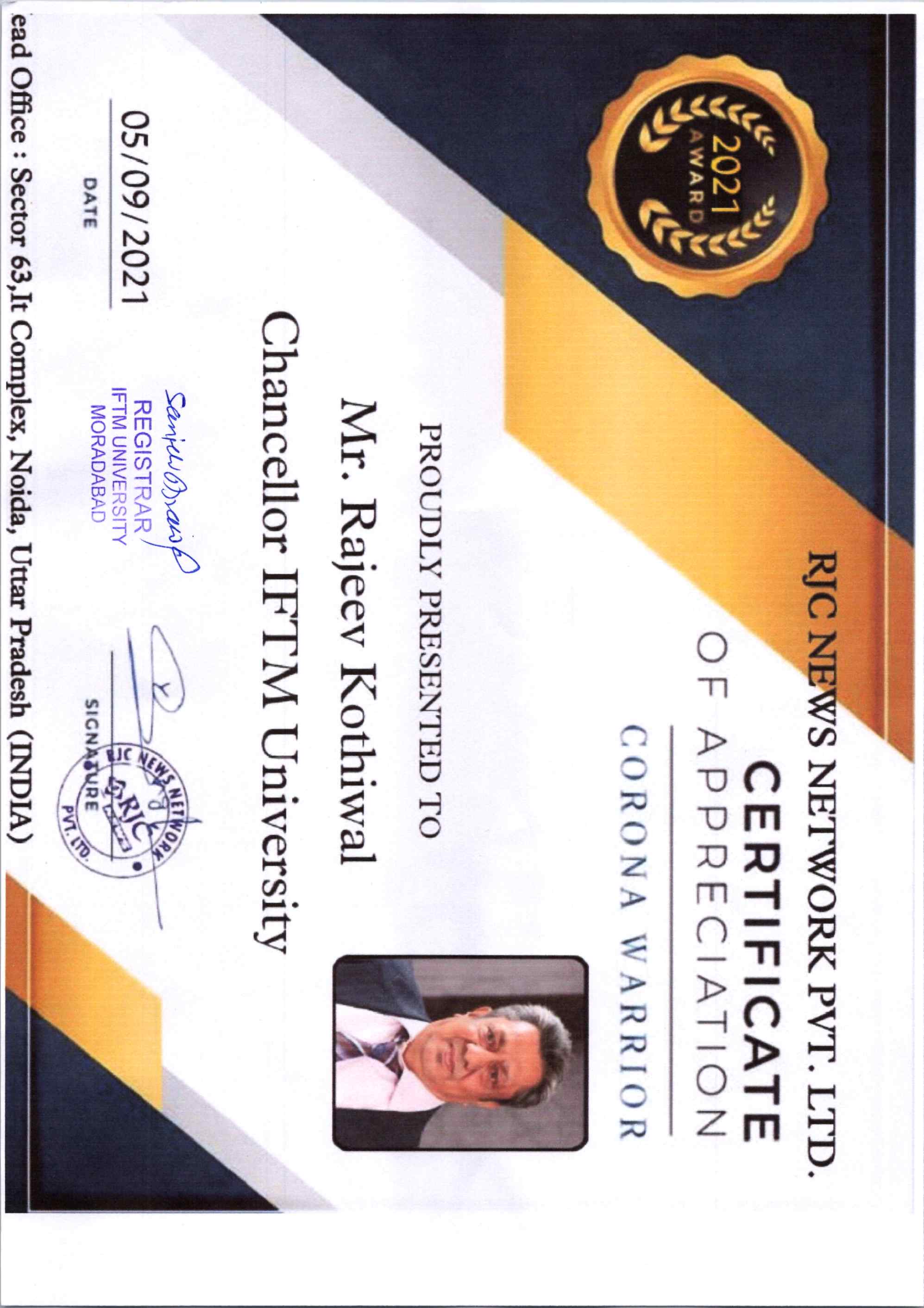 Certificate of Appreciation of Corona Warrior