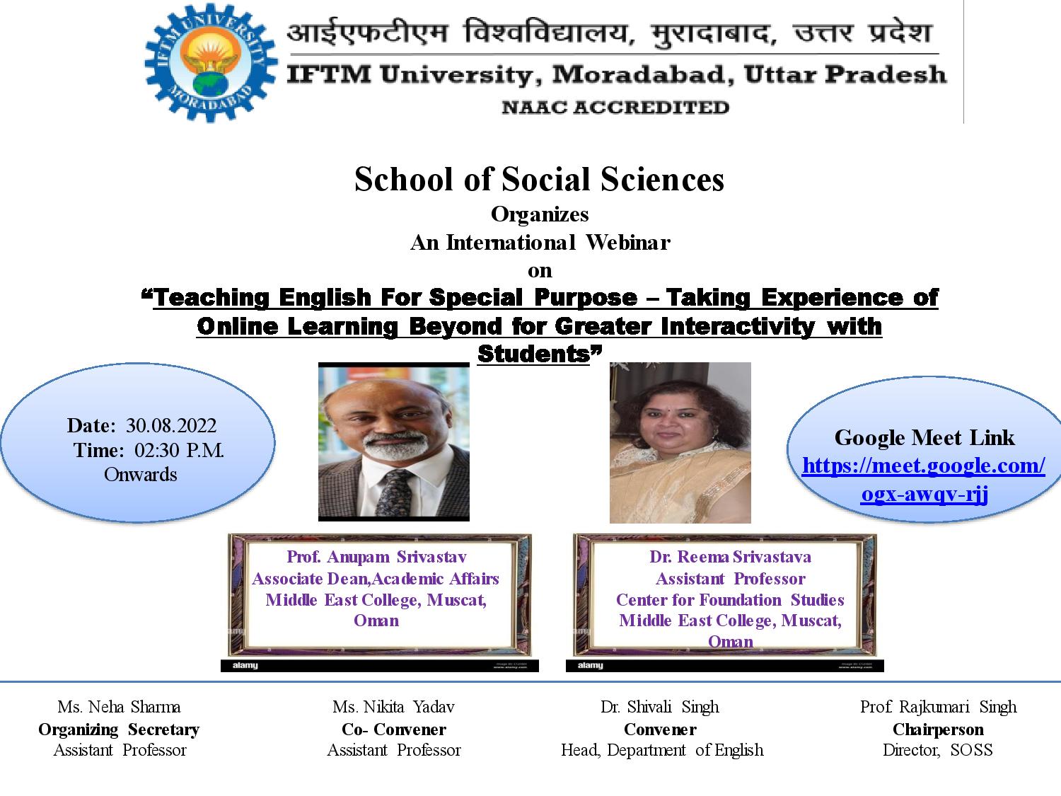 An International Webinar on Teaching English for Special Purpose