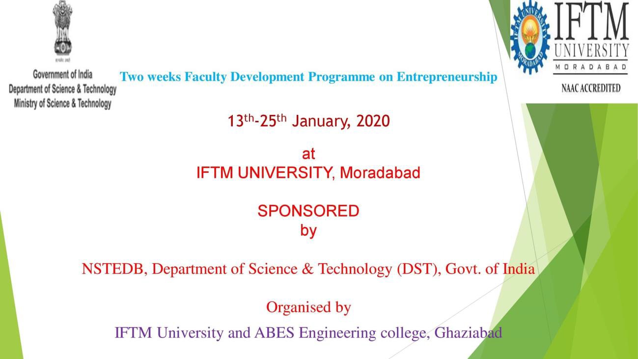 2 weeks FDP on Entrepreneurship from Jan 13 to Jan 25, 2020.