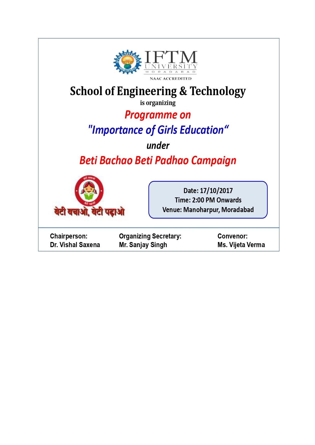 Programme on Importance of Girls Education under Beti Bachao Beti Padhao campaign