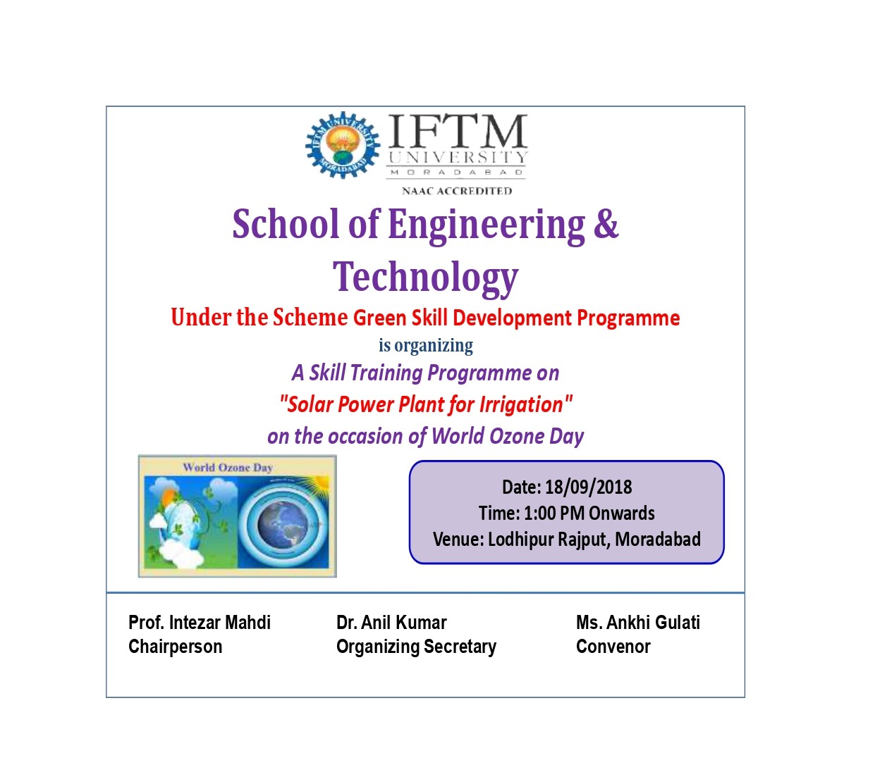 A skill training programme on Solar Power Plant for Irrigation on the occusion of World Ozone Day