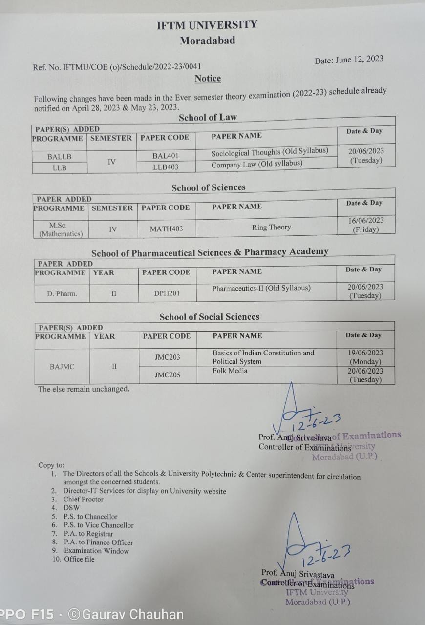 Regarding changes in Even Semester Exam 2022-23