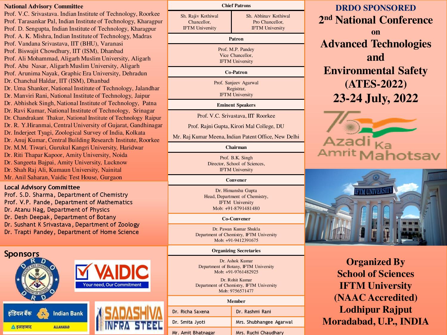 DRDO SPONSORED 2nd National Conference on Advanced Technologies and Environmental Safety (ATES-2022)