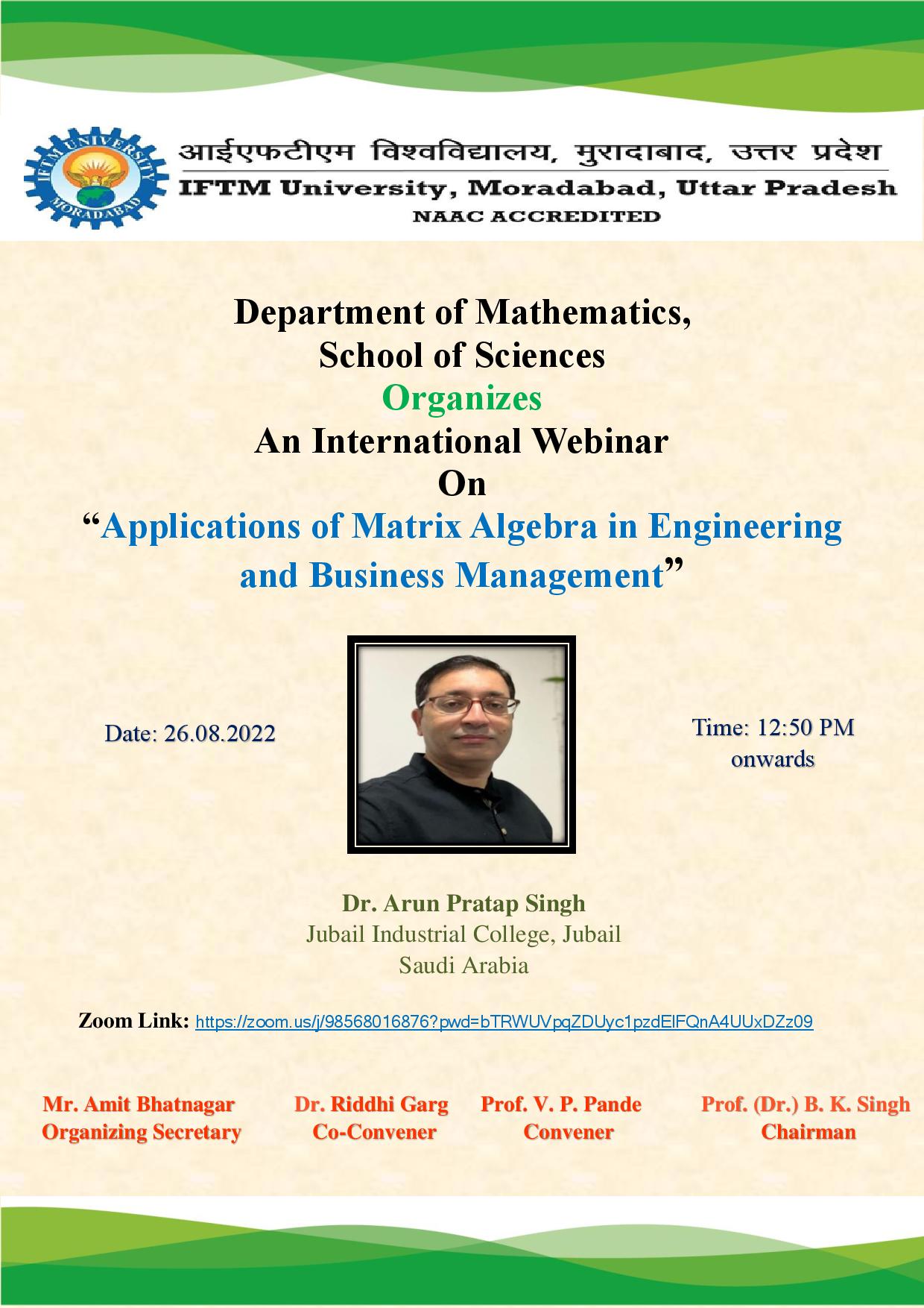 International webinar on Applications of Matrix Algebra in Engineering and Business Management